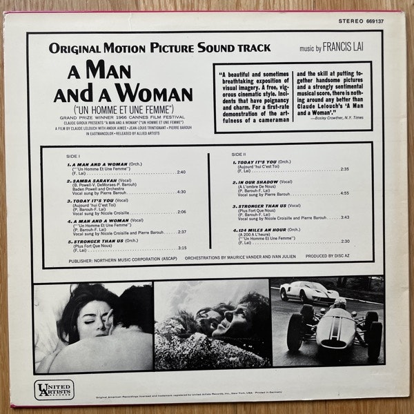 SOUNDTRACK Francis Lai – A Man And A Woman (United Artists - Germany original) (VG+) LP