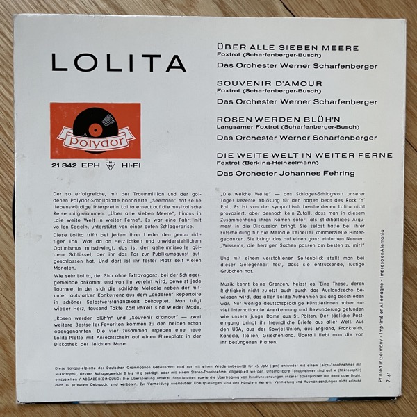 LOLITA Über Alle Sieben Meere (Polydor - Germany original) (VG+) 7"