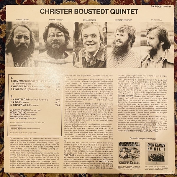 CHRISTER BOUSTEDT QUINTET Christer Boustedt Quintet (Dragon - Sweden original) (VG+) LP