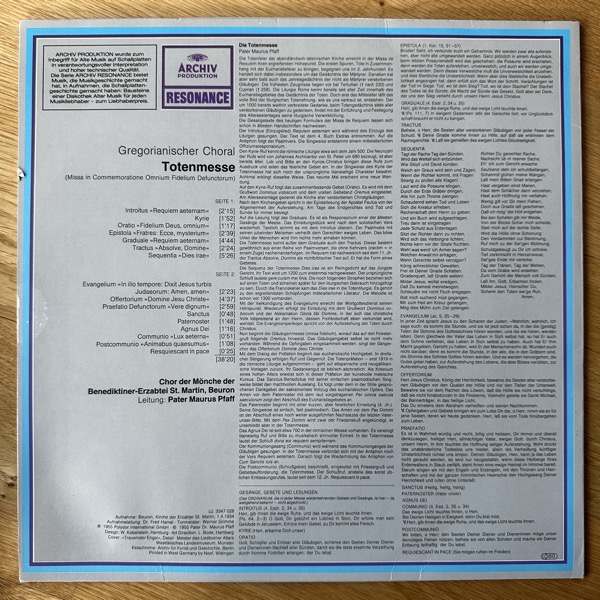 PETER MAURUS PFAFF Gregorianischer Choral: Totenmesse (Missa In Commemoratione Omnium Fidelium Defunctorum) (Archiv Produktion - Germany repress) (VG+/EX) LP