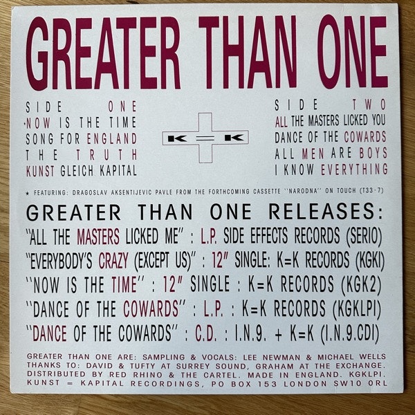 GREATER THAN ONE Dance Of The Cowards (Kunst = Kapital - UK original) (EX/VG+) LP
