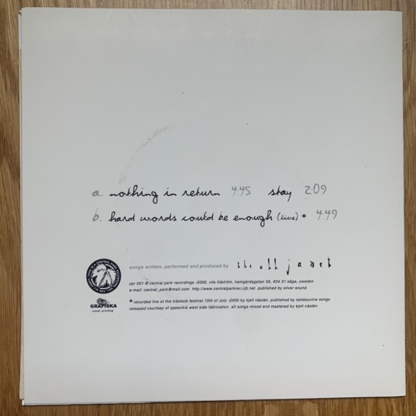 ALL JANET, the Nothing In Return (White vinyl) (Central Park - Sweden original) (EX) 7"