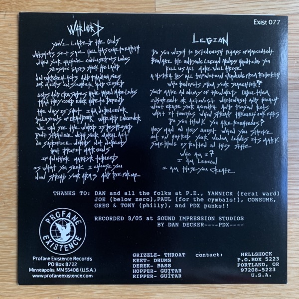 HELLSHOCK Warlord E.P. (White vinyl) (Profane Existence - USA original) (EX) 7"