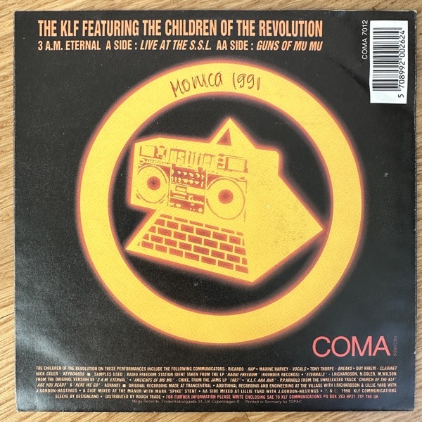 KLF, the 3 A.M. Eternal (Live At The S.S.L.) (Coma - Scandinavia original) (VG) 7"
