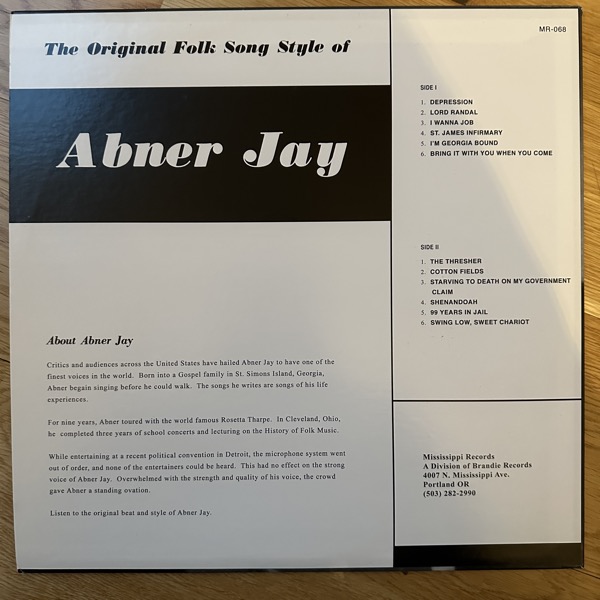 ABNER JAY Folk Song Stylist (Mississippi - USA reissue) (EX) LP