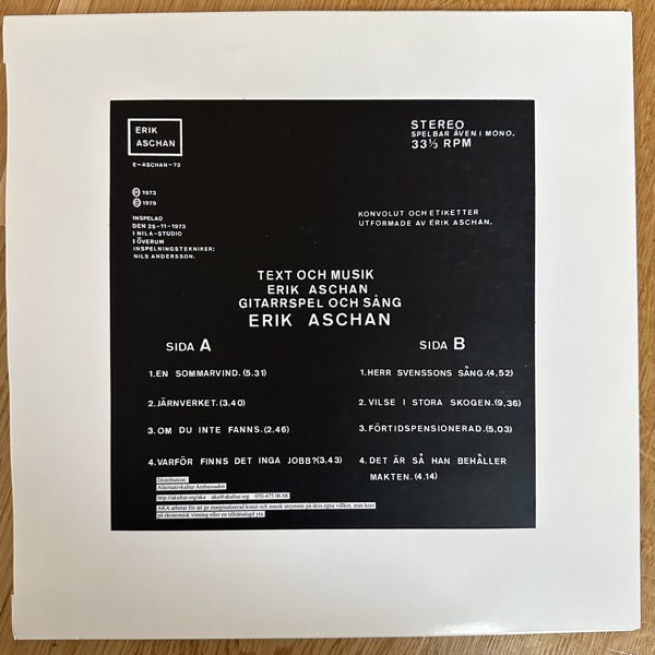 ERIK ASCHAN Erik Aschan (Alternativkultur Ambassaden (AkA) – Sweden 2001 reissue) (VG+/EX) LP