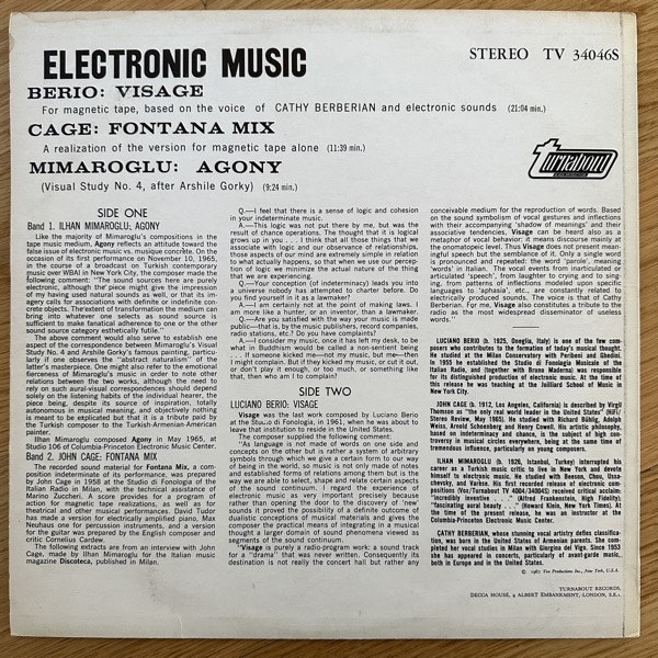 JOHN CAGE, LUCIANO BERIO, ILHAN MIMAROGLU Electronic Music (Turnabout - UK original) (VG+/EX) LP