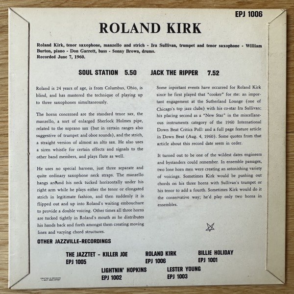 ROLAND KIRK Soul Station / Jack The Ripper (Jazzville - Denmark original) (VG+/VG) 7"