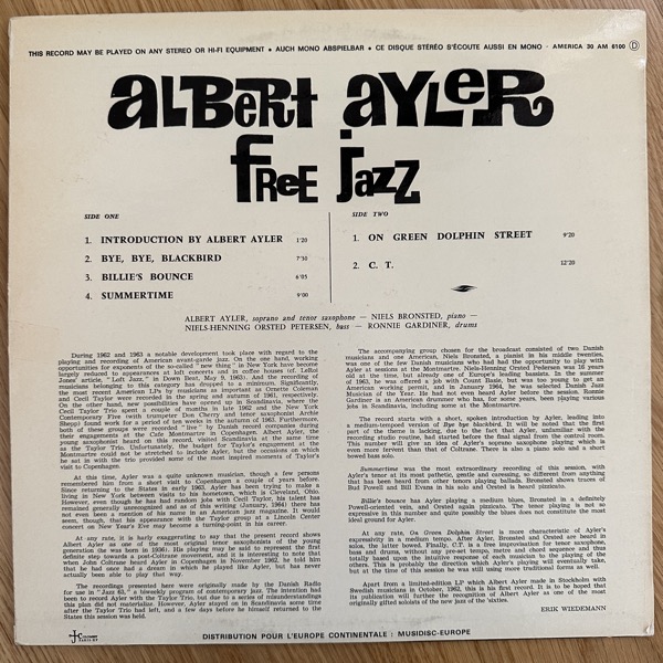 ALBERT AYLER Free Jazz (America - France 1970 reissue) (VG+) LP