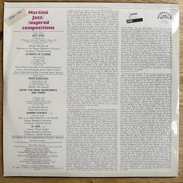 BOHUSLAV MARTINU Jazz-inspired Compositions (Supraphon – Czechoslovakia original) (VG+/EX) LP