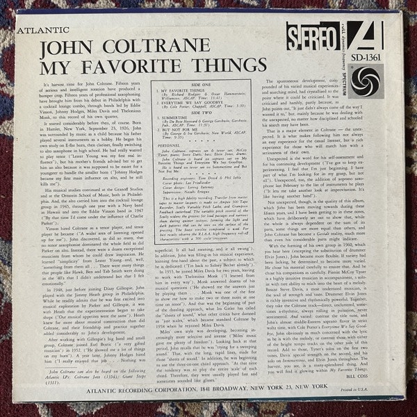 JOHN COLTRANE My Favorite Things (Atlantic - USA 1975 reissue) (VG-/VG) LP