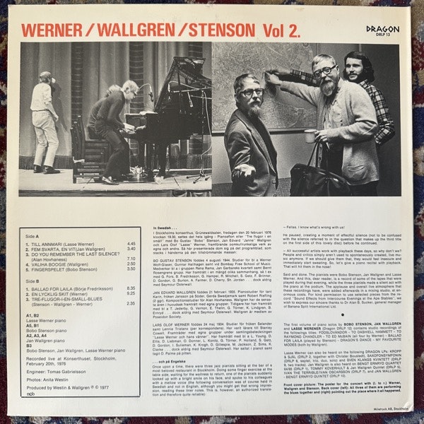 LASSE WERNER, JAN WALLGREN, BOBO STENSON Triple Play - Jazz Piano Volume 2 (Dragon - Sweden original) (EX/VG+) LP