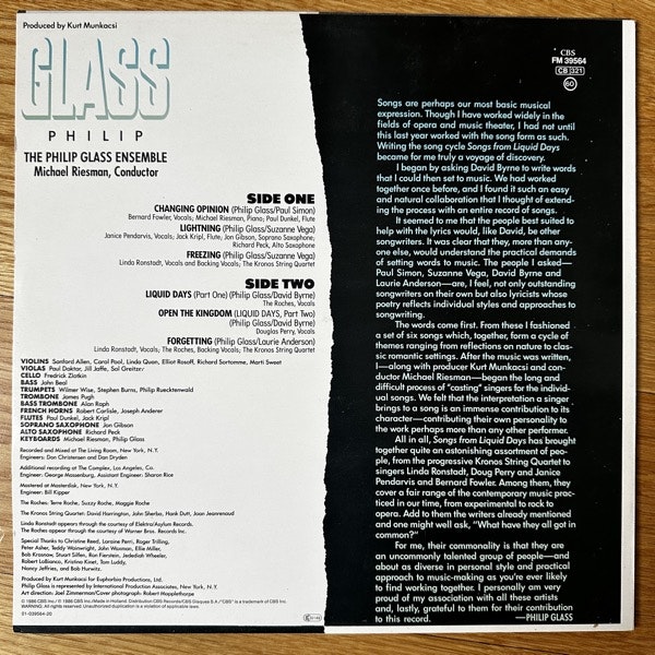 PHILIP GLASS Songs From Liquid Days (CBS - Europe original) (VG+/EX) LP