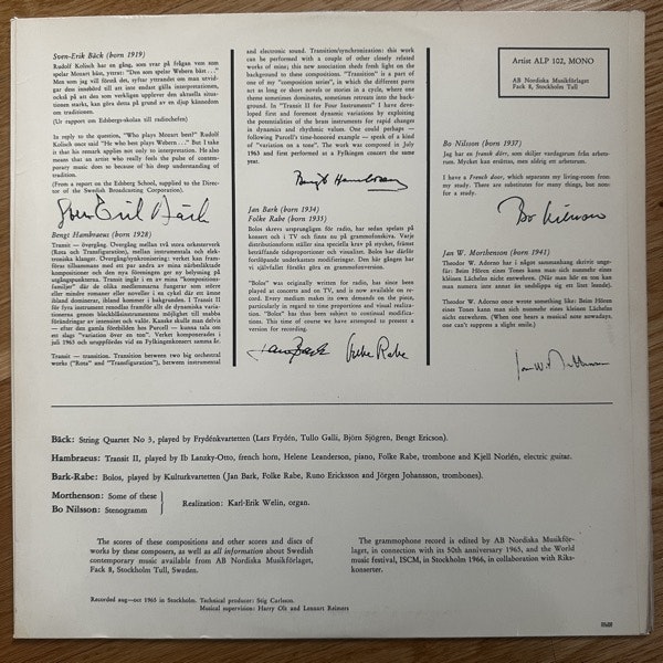 SVEN-ERIK BÄCK, BENGT HAMBRAEUS, JAN BARK, FOLKE RABE, BO NILSSON, JAN W. MORTHENSON Svenskt 60-Tal: Swedish Music From The Sixties (Artist - Sweden original) (VG+) LP
