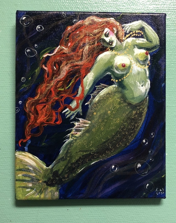 'Red Hair, Blue Sea' original painting on canvas