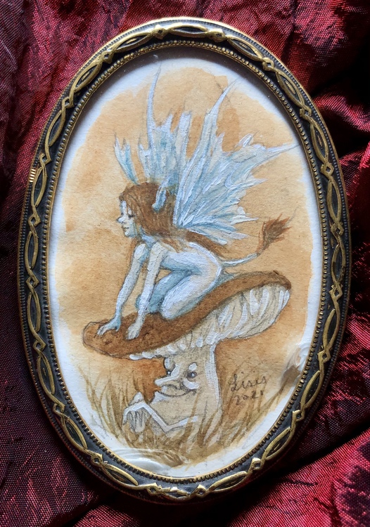 'Pixie on a Mushroom' Original Framed Painting