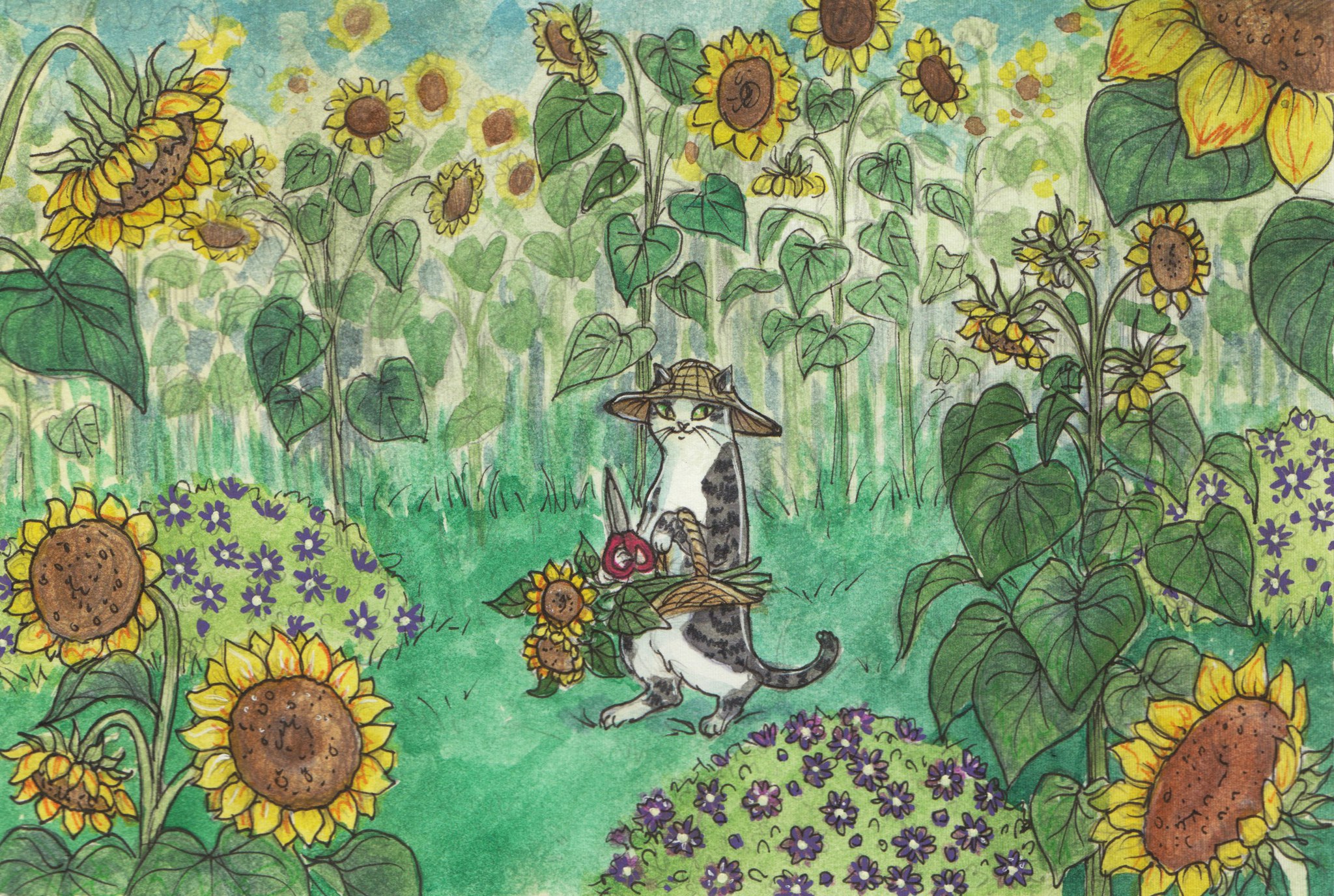 ‘Picking Sunflowers' Original Illustration
