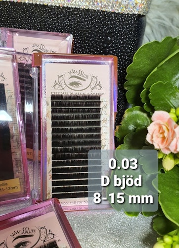 Mega volym SS Luxe fransar D böj 0.03 Premium silk lashes D curl 0.03 8-15 mm