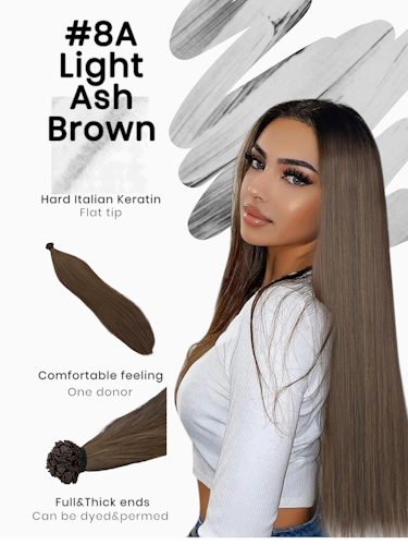 Keratin /Nail hair extensions  Flat-Tip # 8A ( Light Ash Brown)