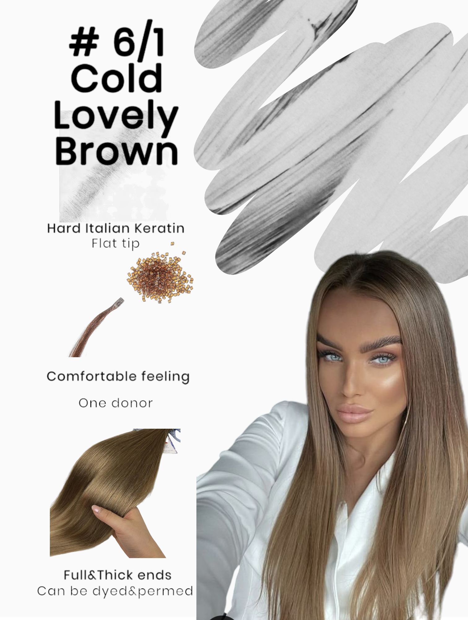 Keratin /Nail hair extensions  Flat-Tip # 6/1 ( Cold Lovely brown)