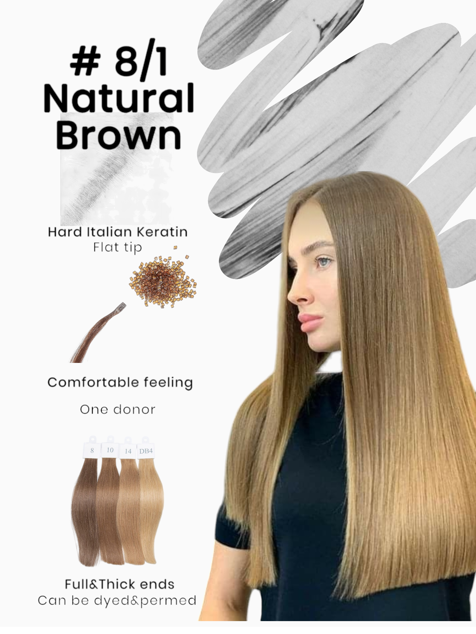 Keratin /Nail hair extensions  Flat-Tip # 8/1 ( Natural Brown)