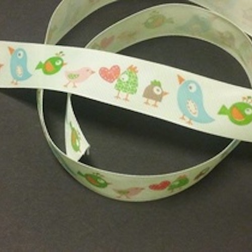 Grosgrain med tryck, 25mmx1m, bird crazy  740605