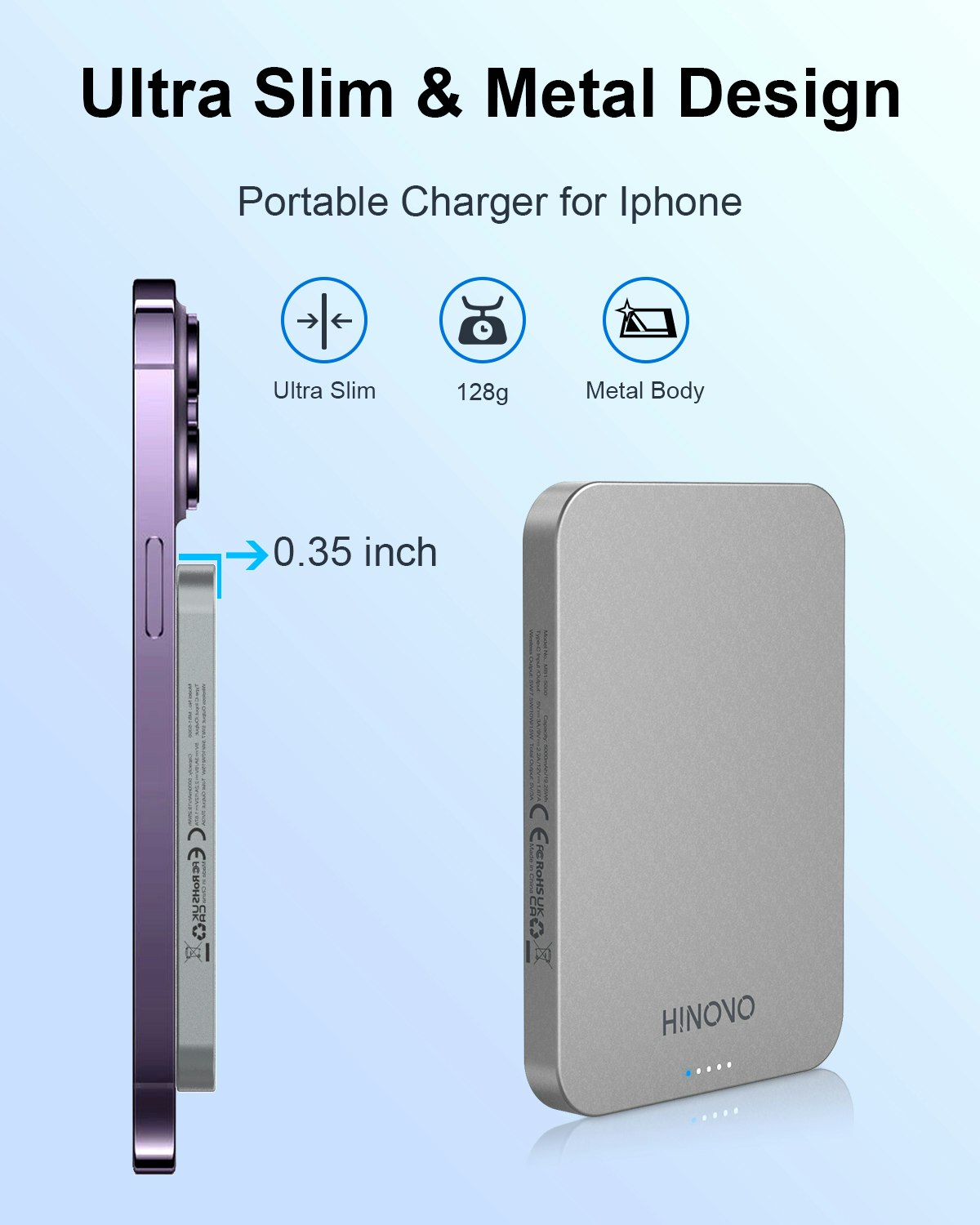 HINOVO Mag-Safe Power Bank 5000mAh, Metall Design 0.35 Ultratunn Magnetisk Powerbank, 15W Snabbladdning Externt Batteri för iPhone 15/14/13/12-Serien