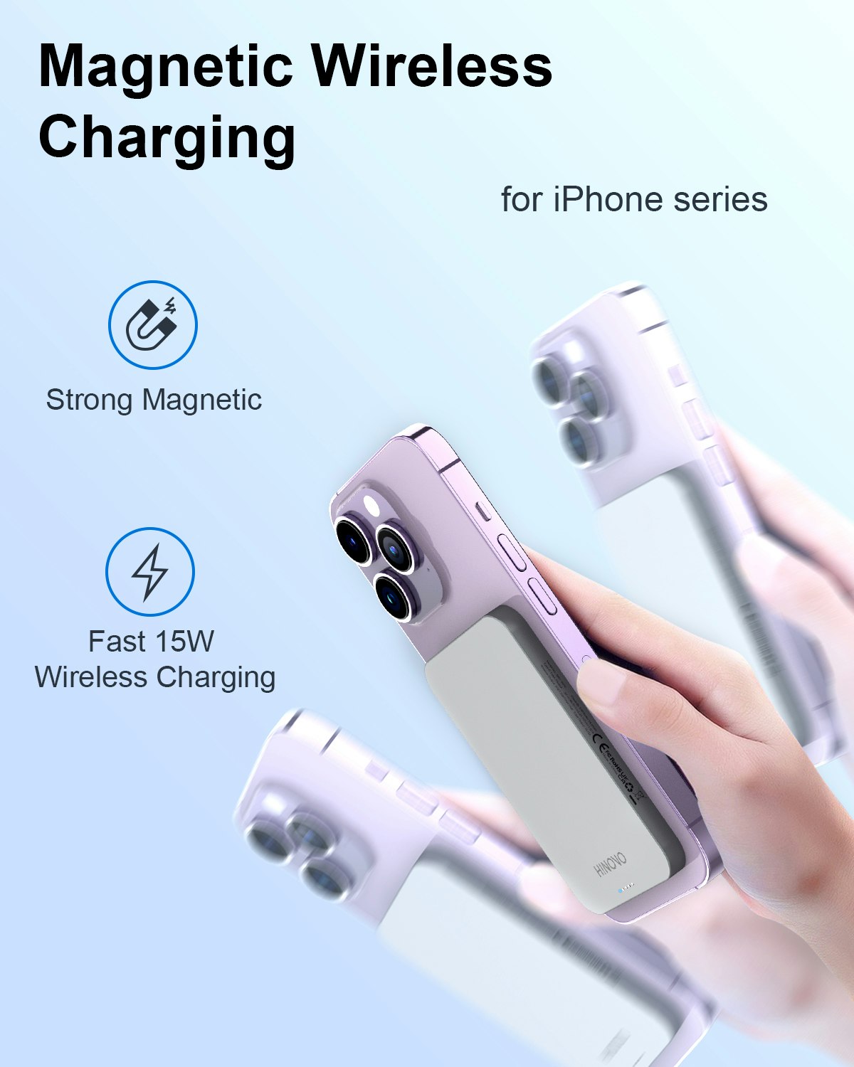 HINOVO Mag-Safe Power Bank 5000mAh, Metall Design 0.35 Ultratunn Magnetisk Powerbank, 15W Snabbladdning Externt Batteri för iPhone 15/14/13/12-Serien