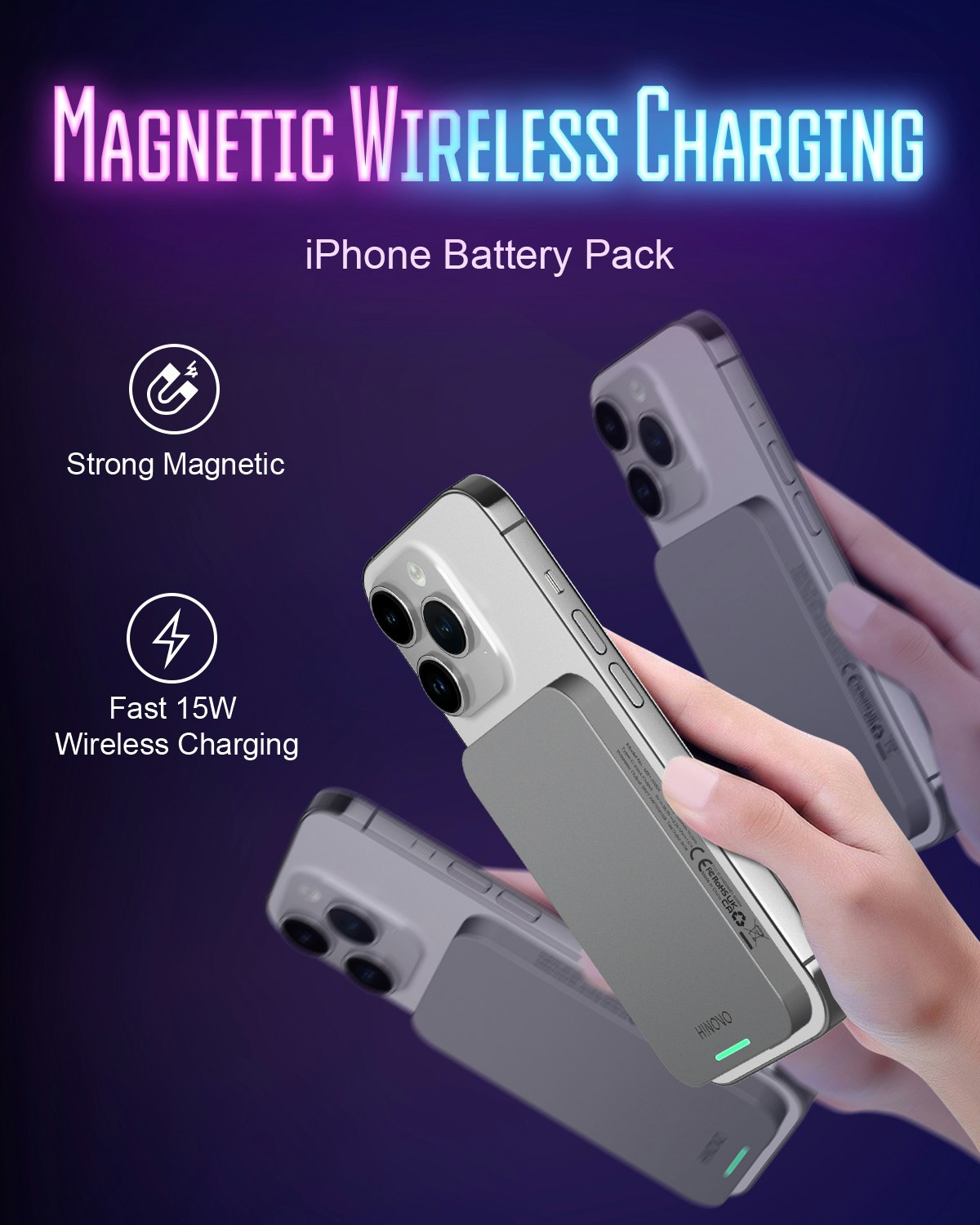 HINOVO Mag-Safe Power Bank，MB1-5000X, 0,35 ultratunn magnetisk laddningsbank med 5000mAh, Cyberpunk-stil transparent batteripack för iPhone 15/14/13/12-serien