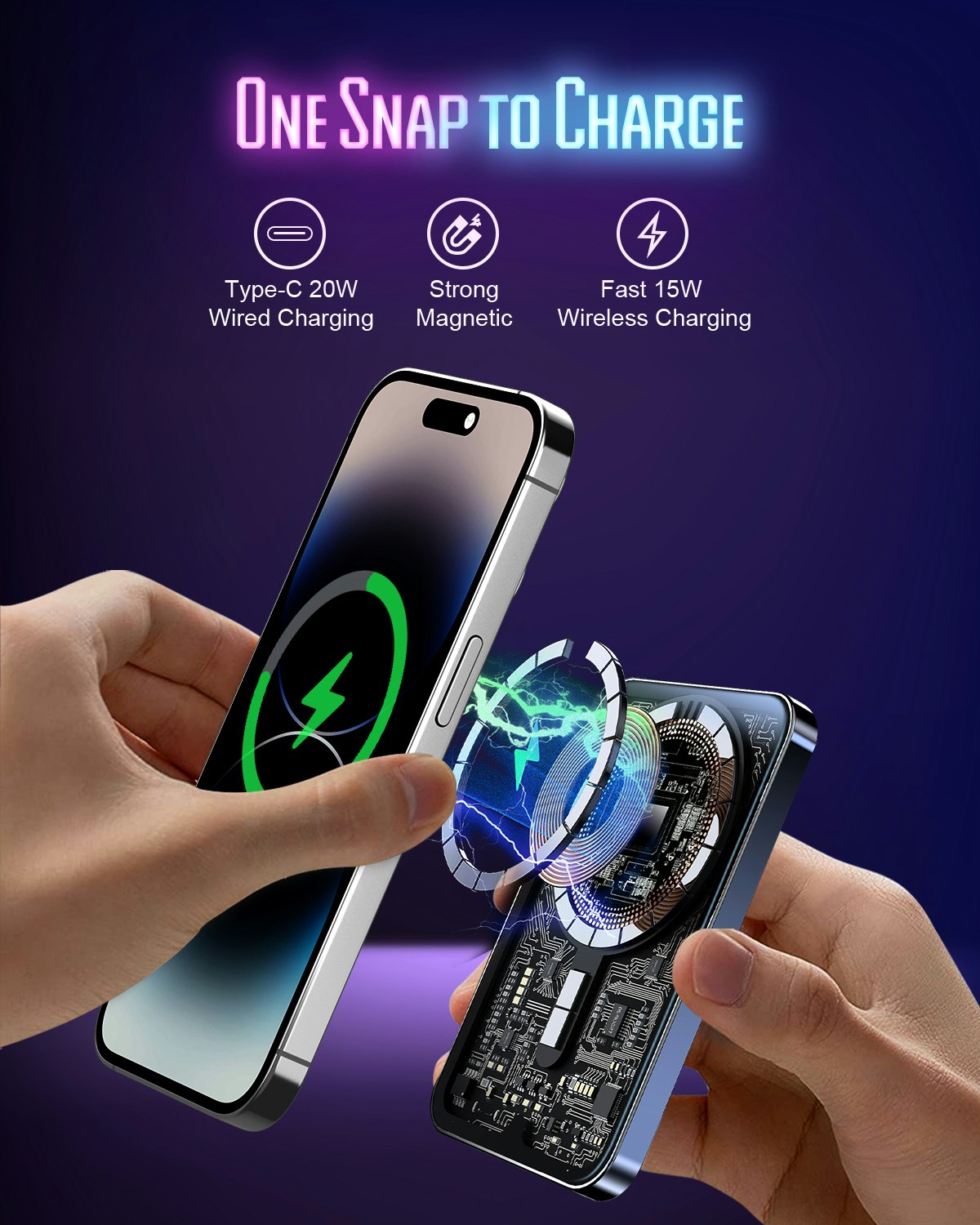 HINOVO Mag-Safe Power Bank，MB1-5000X, 0,35 ultratunn magnetisk laddningsbank med 5000mAh, Cyberpunk-stil transparent batteripack för iPhone 15/14/13/12-serien