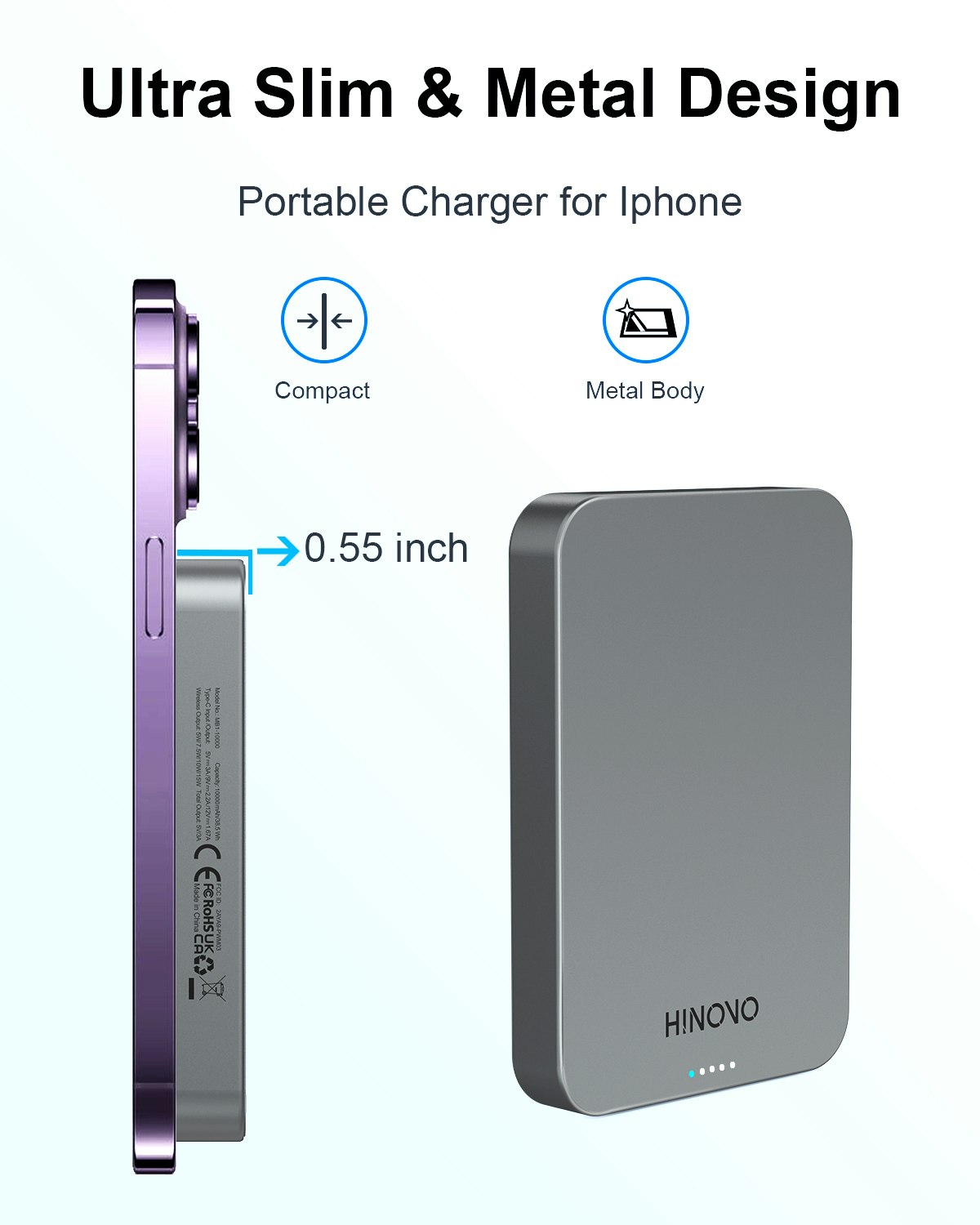 HINOVO Mag-safe Power Bank 10000mAh, MK1-10000, Ultrakompakt Magnetisk Powerbank, Metall Design 20W PD Snabbladdningsbatteri för iPhone 15/14/13/12-serien