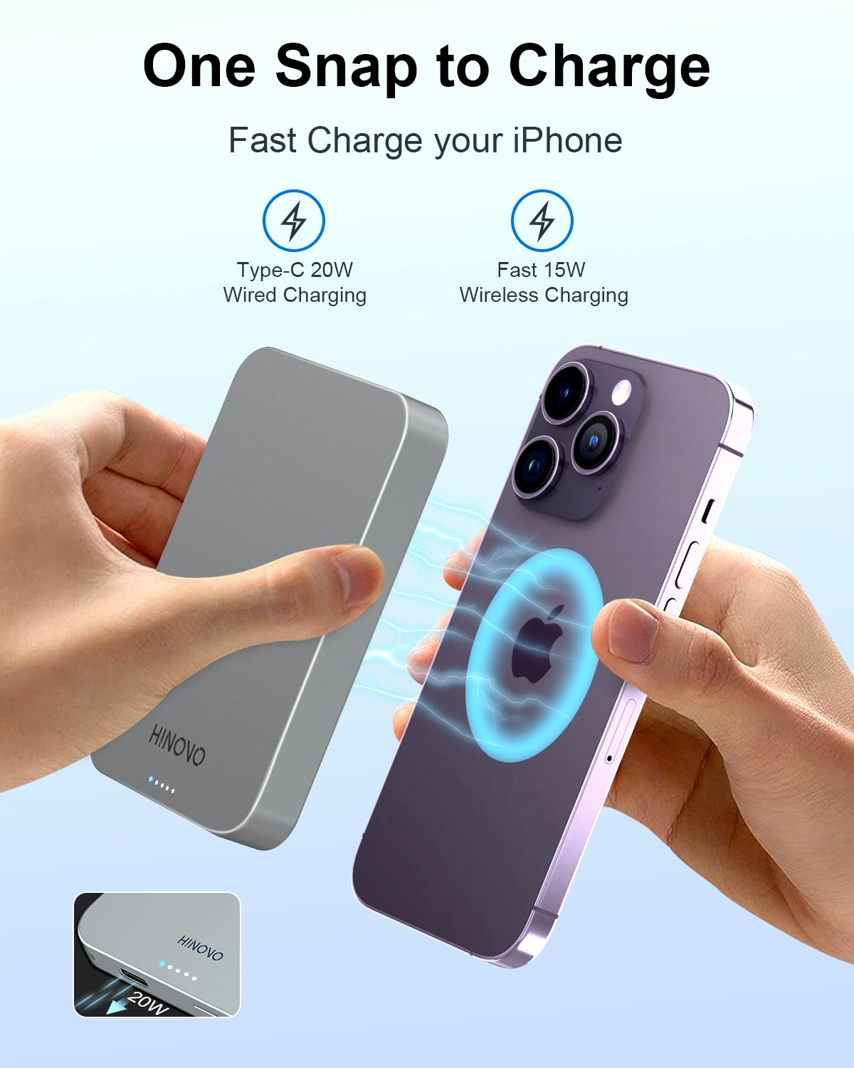 HINOVO Mag-safe Power Bank 10000mAh, MK1-10000, Ultrakompakt Magnetisk Powerbank, Metall Design 20W PD Snabbladdningsbatteri för iPhone 15/14/13/12-serien