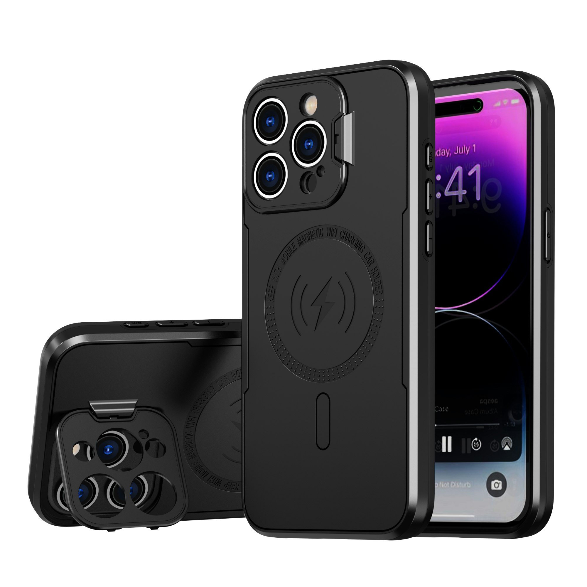 CFYJ iPhone 15 Serie Magnetiskt Skyddsskal med Justerbart Stashstativ, skydd av militärkvalitet, inbyggt kamerastativ, magnetiskt telefonfodral för iPhone 15 Serie, svart
