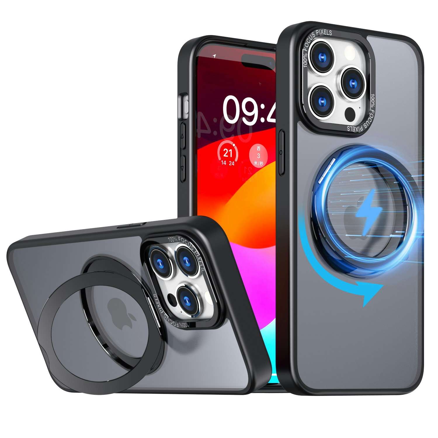 CFSYB2 iPhone 15 Pro Magnetfodral | Mag-Safe-kompatibelt | Inbyggt Osynligt Stativ | Slimmat & Matt Genomskinligt | Stöttåligt Skydd | Svart
