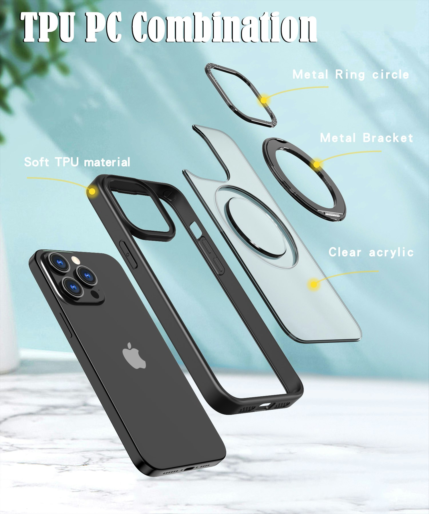 CFSYB2 iPhone 15 Pro Magnetfodral | Mag-Safe-kompatibelt | Inbyggt Osynligt Stativ | Slimmat & Matt Genomskinligt | Stöttåligt Skydd | Svart