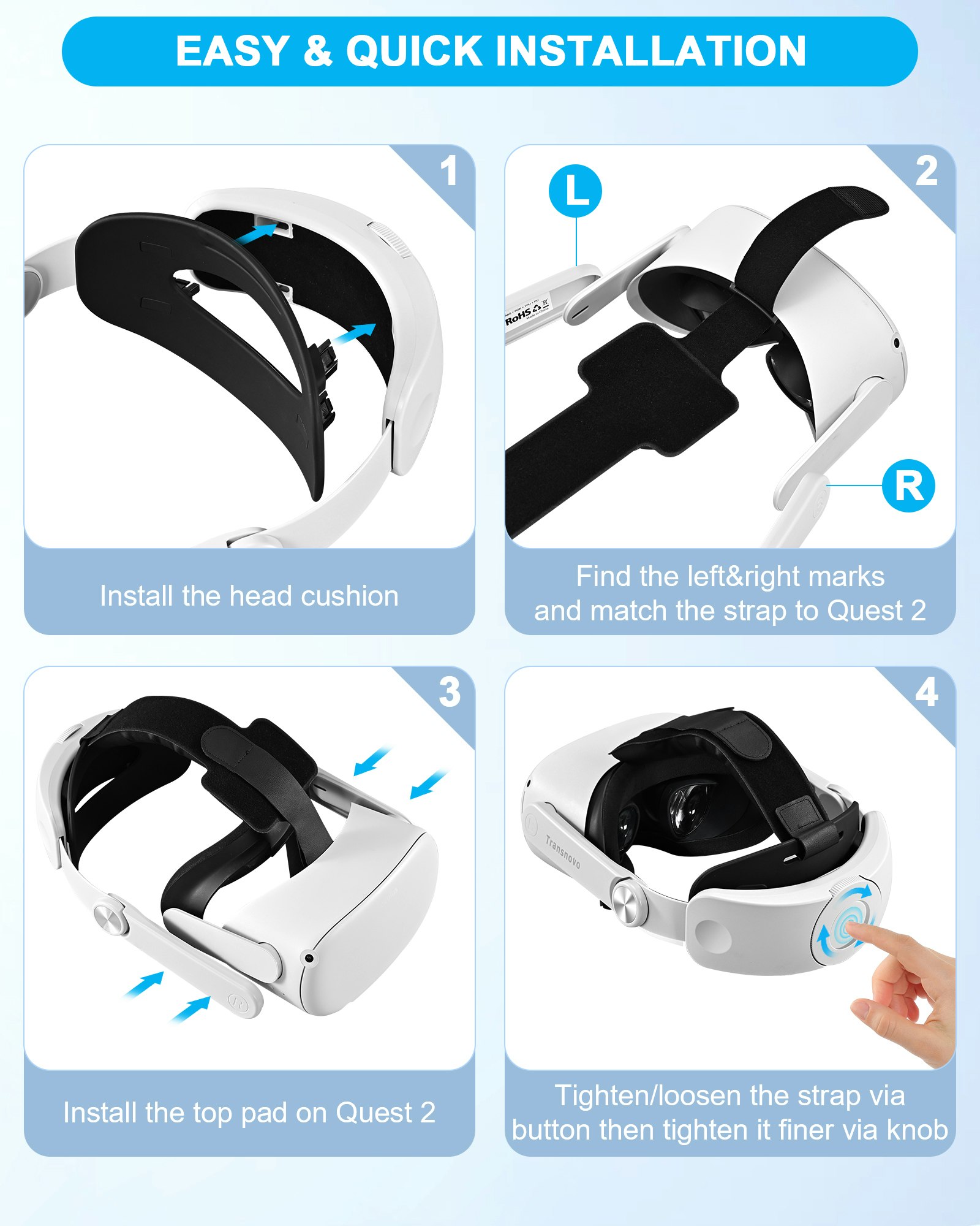 TRANSNOVO Huvudrem Kompatibel med Meta Quest 3, VR-tillbehör för Oculus Quest 3, Enknappsfällbar Lättvikts Elite-rem, Förbättrad Komfort och Stöd för Spelimmersion