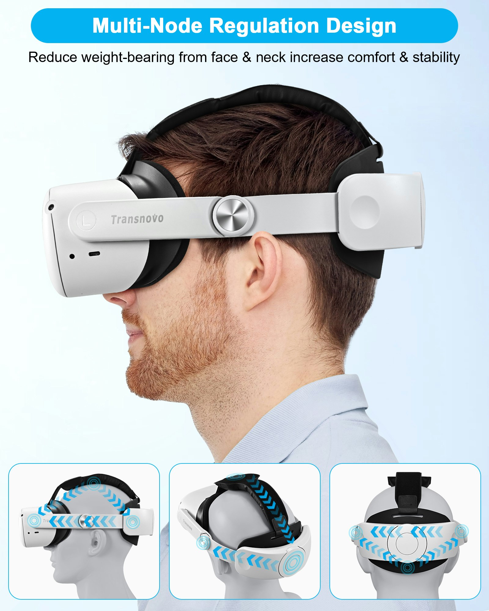 TRANSNOVO Huvudrem Kompatibel med Meta Quest 3, VR-tillbehör för Oculus Quest 3, Enknappsfällbar Lättvikts Elite-rem, Förbättrad Komfort och Stöd för Spelimmersion