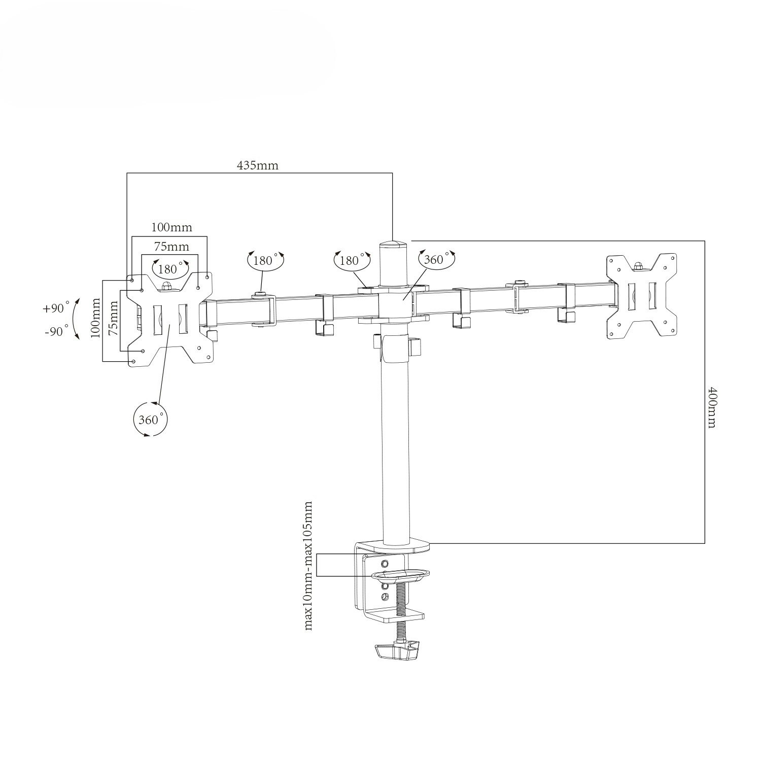 Charmount Dubbel Skärmhållare – Justerbart Fäste för 10''–30'' Skärmar, Maxbelastning 8kg