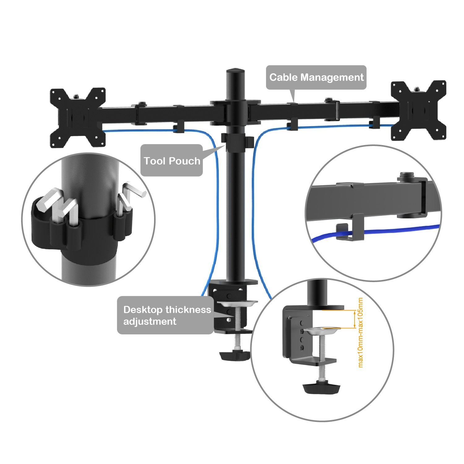 Charmount Dubbel Skärmhållare – Justerbart Fäste för 10''–30'' Skärmar, Maxbelastning 8kg