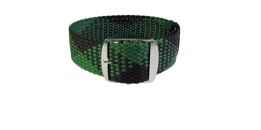 Perlon armband i svart och grönt med stålspänne 20 mm & 22 mm XL - längd