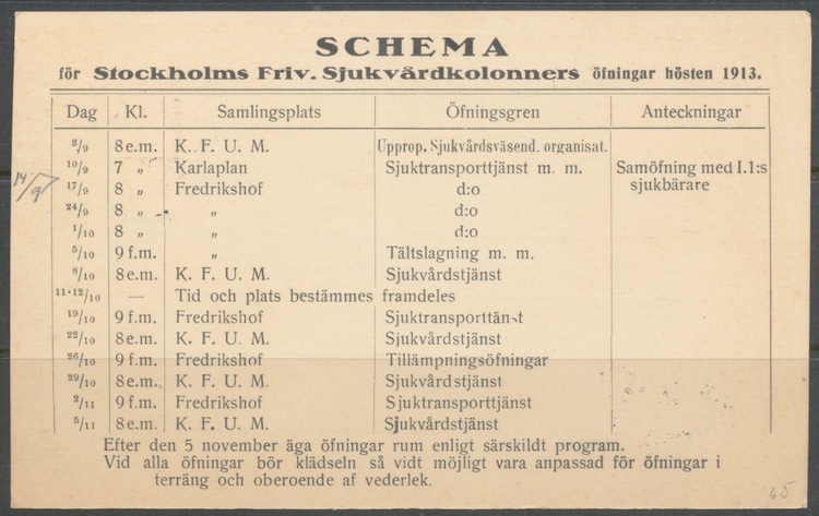 Övningsschema sjukvården 1913