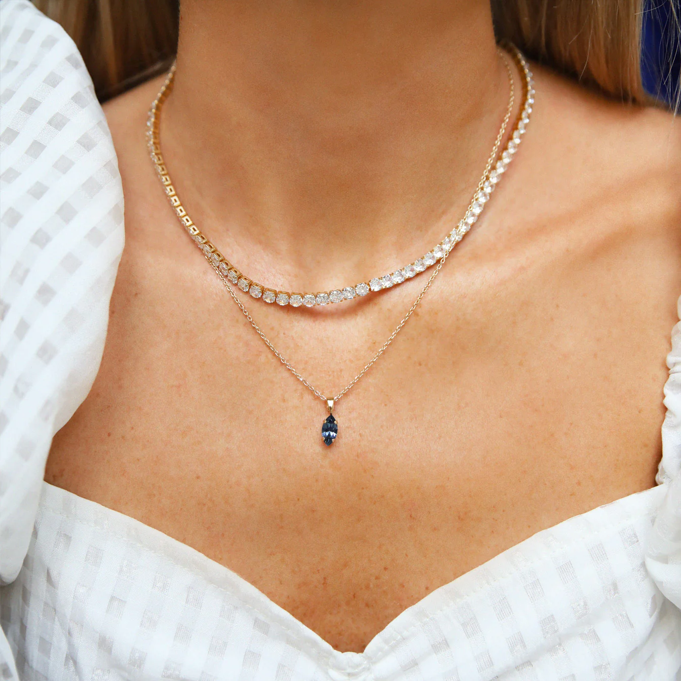 Petite Navette Necklace Gold/ Denim Blue