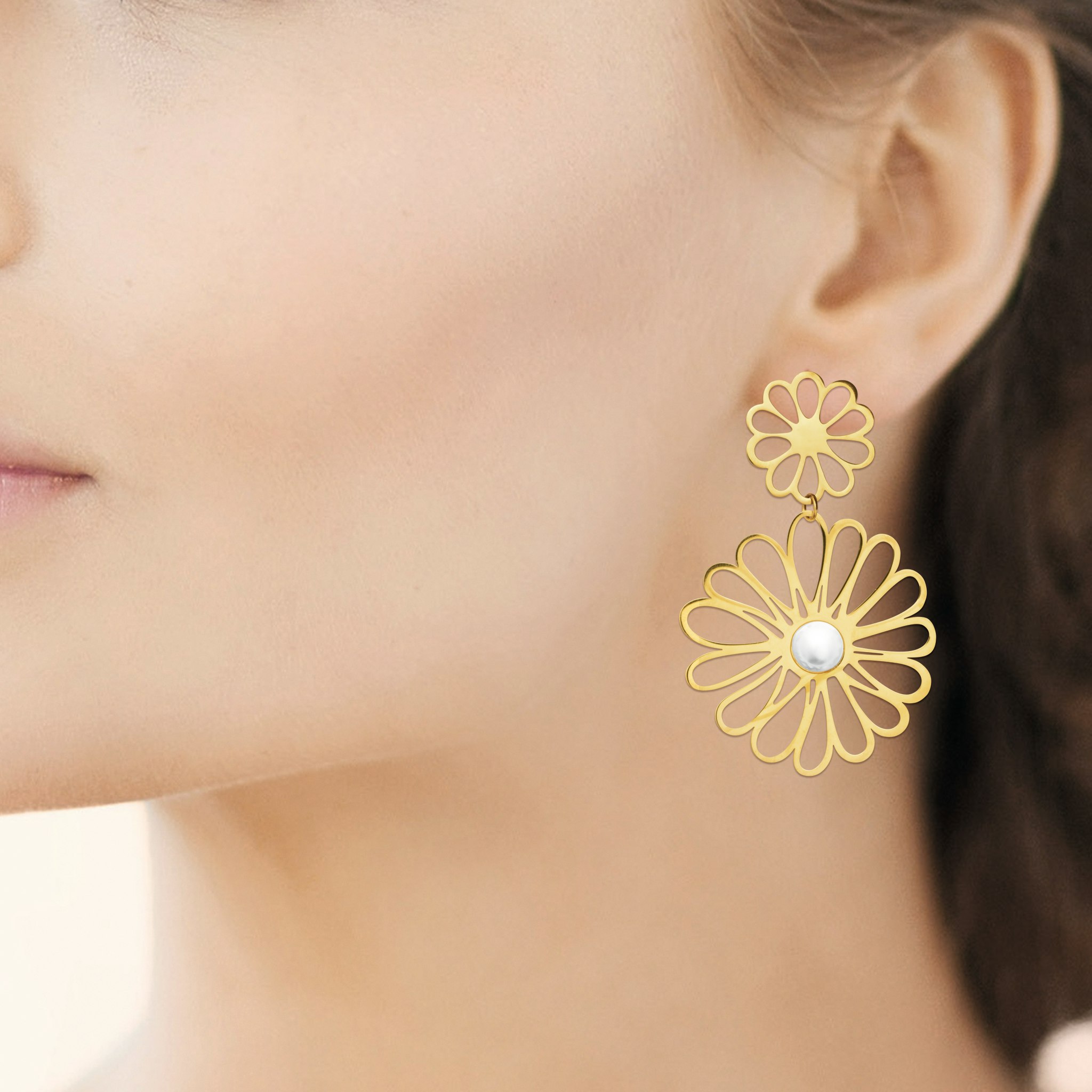 Double Flower Earrings Gold PVD