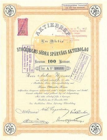 Kopia Stockholms Södra Spårvägs AB, 100 kr, 1913