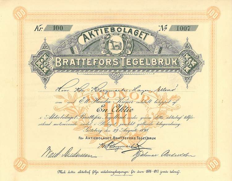 Brattefors Tegelbruk AB, 100 kr, 1898