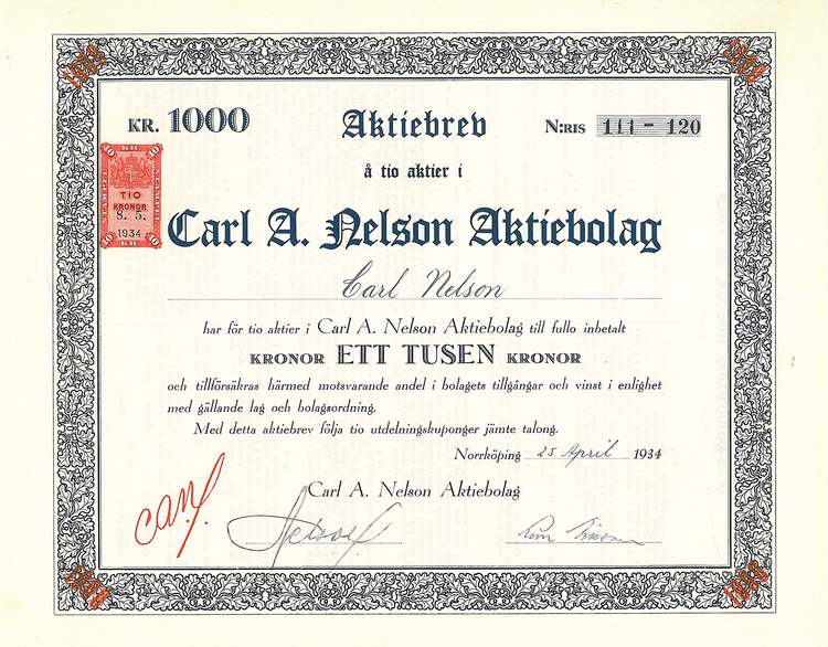 Carl A. Nelson AB, 1000 kr