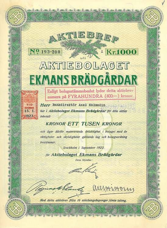 Ekmans Brädgårdar, AB, 1000 kr