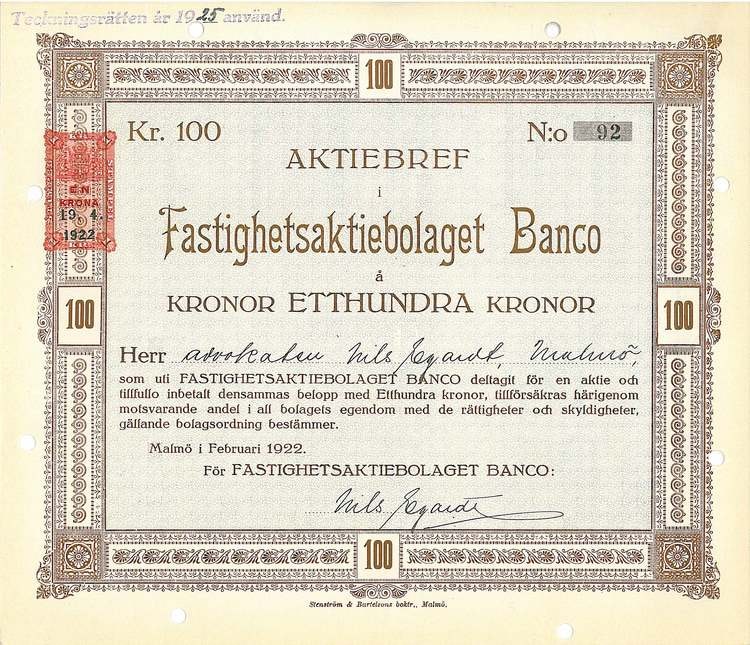 Fastighets AB Banco, 100 kr