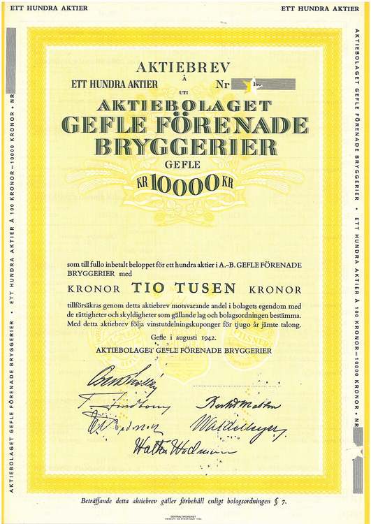 Gefle Förenade Bryggerier, 10 000 kr