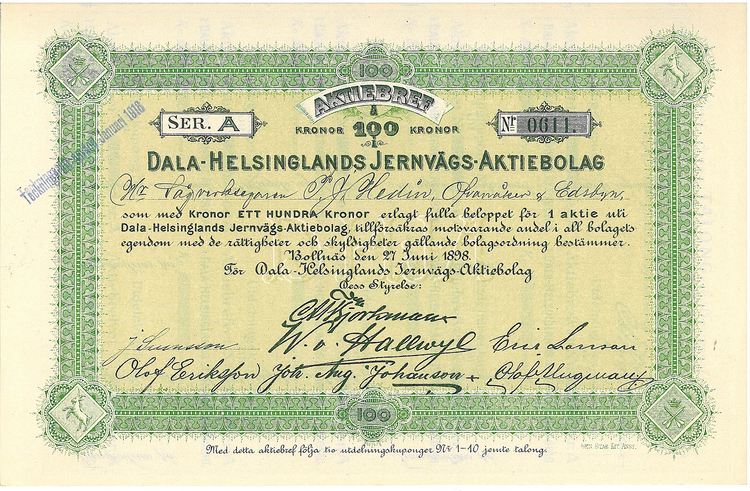 Dala-Helsinglands Jernvägs AB 100 kr, 1898